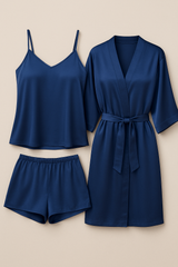 3-Piece Satin Sleepwear Set for Women – Camisole, Shorts & Robe | Elegant Nightwear & Loungewear – Free Size