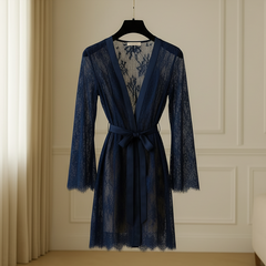 Single Pcs Women’s Net Transparent Sheer Lace Robe Gown – Long Sleeve Free-Size Nightwear With Satin Belt For Elegant And Stylish Comfort