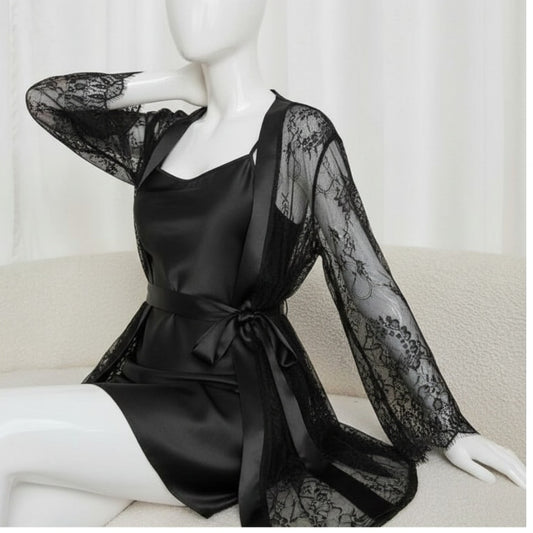 Soft Lace Robe & Silk Inner – 2 Piece Transparent Net Gown Set | Free Size (Fits Up to 38” Chest) |