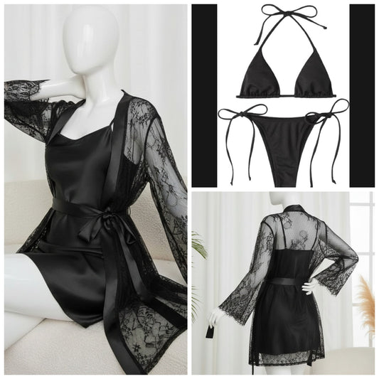 4 Piece Women’s Transparent Net Gown Set – Soft Lace Robe with Silk Inner, Bra & Panty | Free Size - Up to 38 Chest