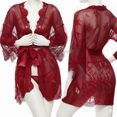 Single Pcs Women’s Net Transparent Sheer Lace Robe Gown – Long Sleeve Free-Size Nightwear With Satin Belt For Elegant And Stylish Comfort