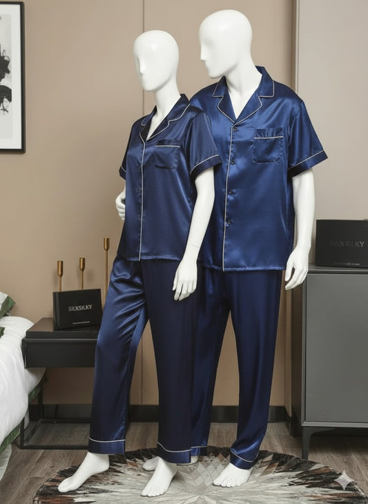 Couple Matching Pajama Set – Short Sleeve Top & Long Pants (4Pcs)