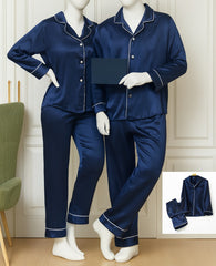 Classic Couple Night Suit Silk Satin Pajama Set – Long Sleeve Top & Full-Length Pants (4 Pcs)