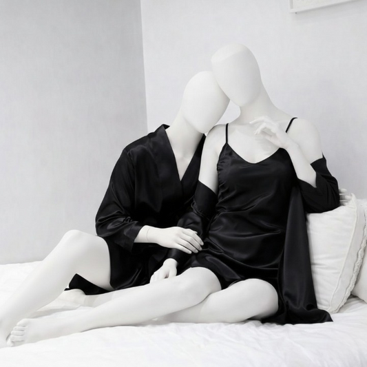 Premium Satin Silk Couple Gown Set (3 Pcs) – Elegant Matching Nightwear for Men & Women | Free Size