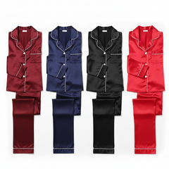 Classic Couple Night Suit Silk Satin Pajama Set – Long Sleeve Top & Full-Length Pants (4 Pcs)