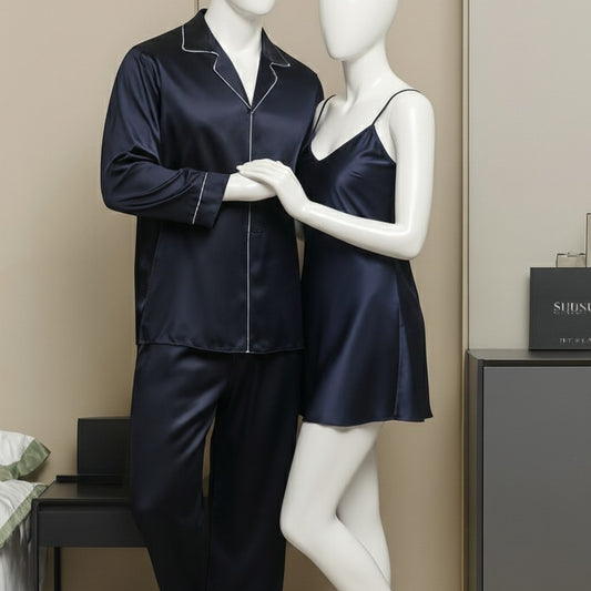 Premium Nighty Suit Satin Silk Couple Pajama Set – Luxurious Matching Night Wear for Men & Women (3 Pcs)