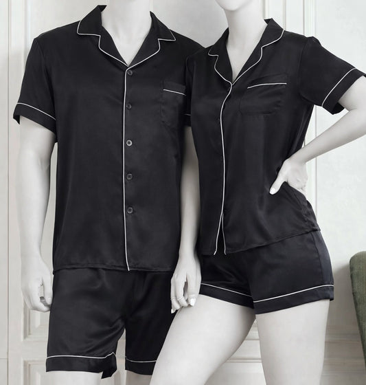 Couple Night Dress Silk Pajama Set – Short Sleeve Shirt & Shorts (4 Pcs)