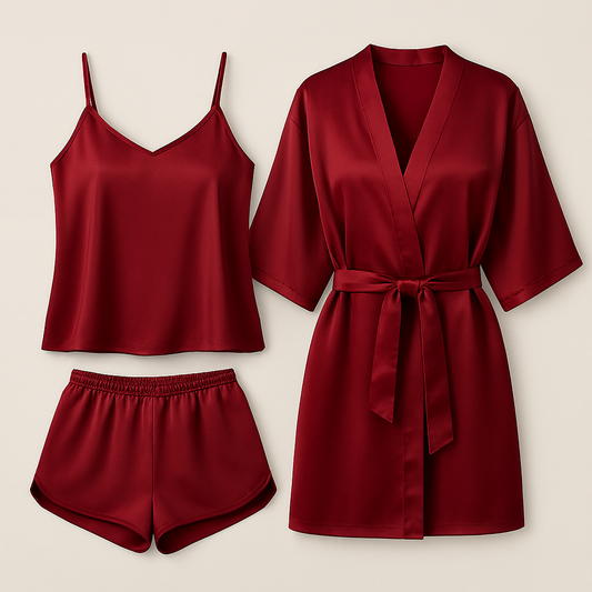 3-Piece Satin Sleepwear Set for Women – Camisole, Shorts & Robe | Elegant Nightwear & Loungewear – Free Size