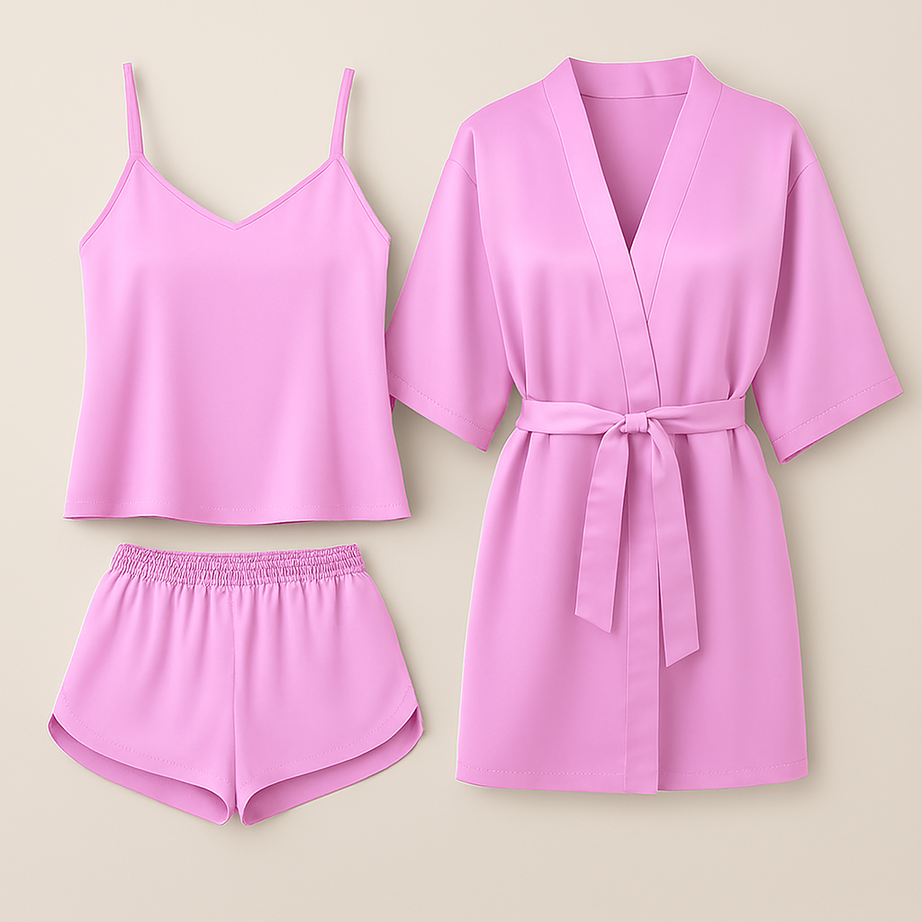 3-Piece Satin Sleepwear Set for Women – Camisole, Shorts & Robe | Elegant Nightwear & Loungewear – Free Size