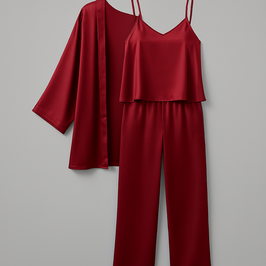 3-Piece Premium Satin Sleepwear Set for Women – Camisole, Pants & Robe | Nightwear & Loungewear | Free Size
