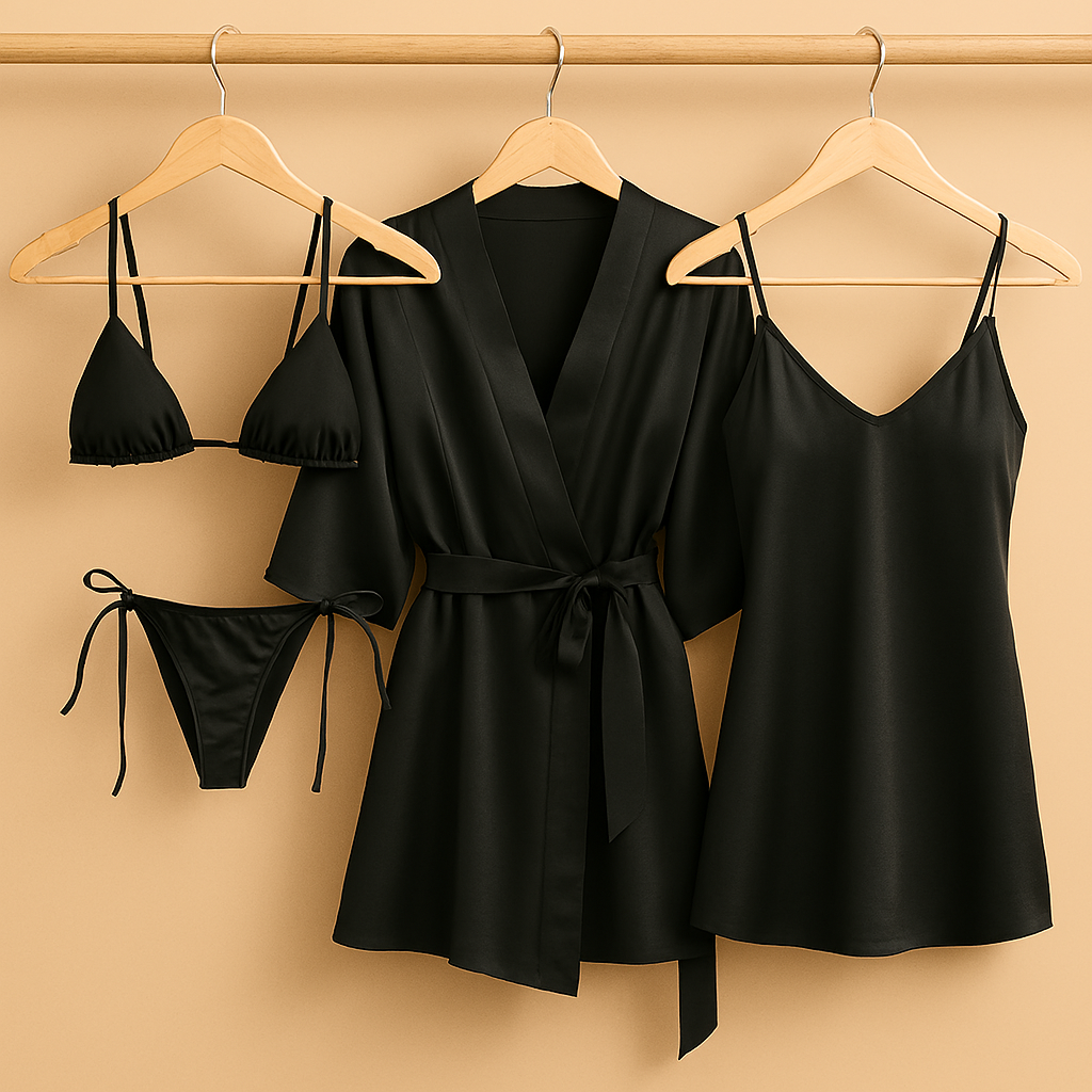4 PCs-Style Satin Lingerie Set – Bikini, Slip Dress & Robe Combo – Free Size
