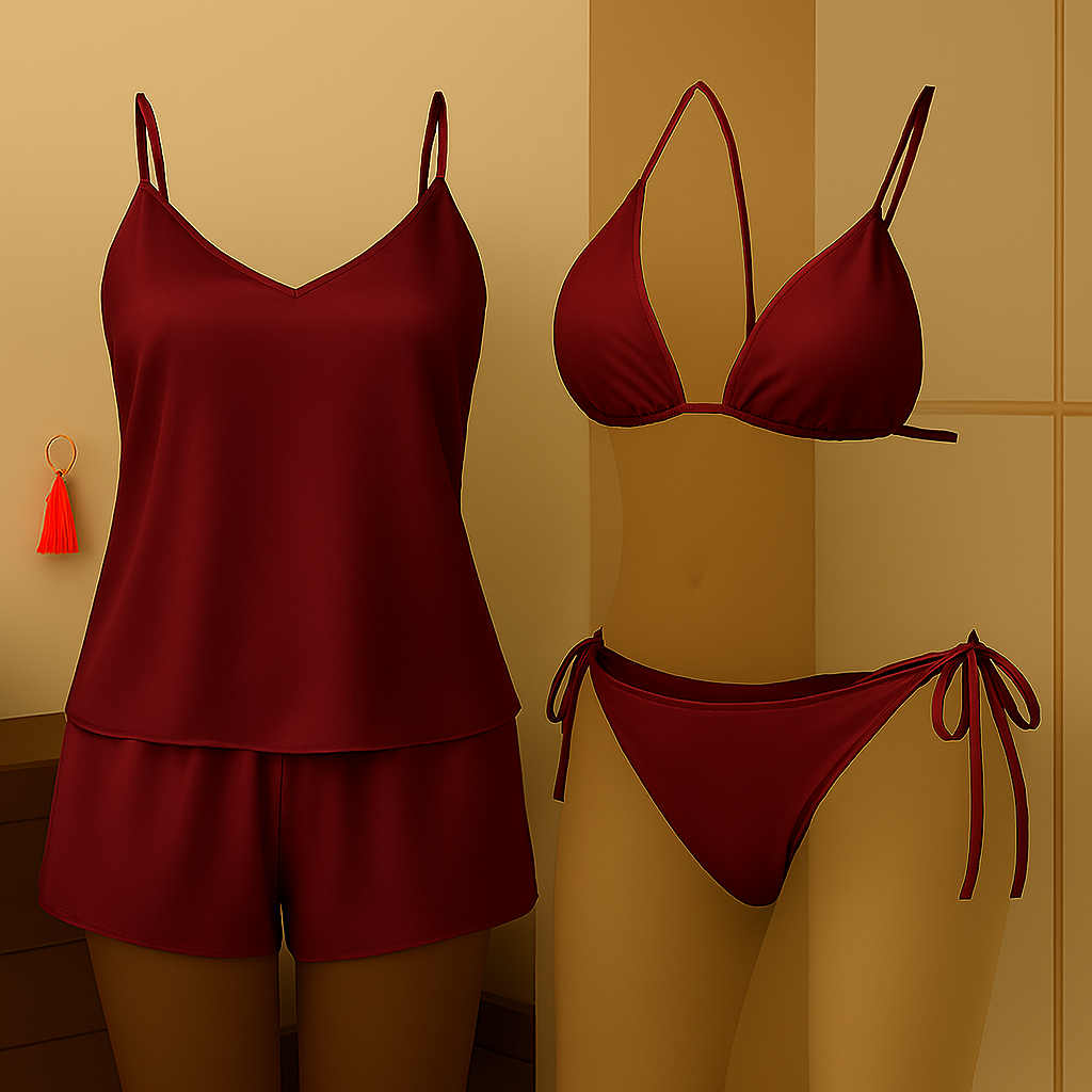 Premium Satin Sleepwear & Lingerie Combo for Women | Camisole, Shorts & Halter Bikini | Free Size