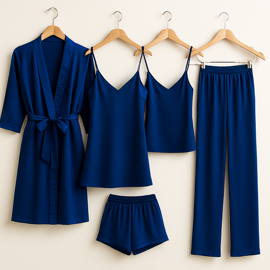 5-Piece Satin Sleepwear Set – Robe, Camisole, Shorts, Pants & Slip Dress Free Size