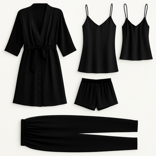 5-Piece Satin Sleepwear Set – Robe, Camisole, Shorts, Pants & Slip Dress Free Size