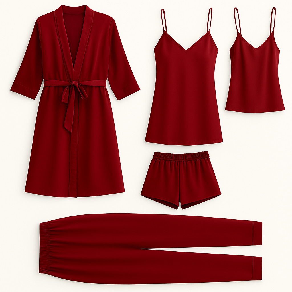5-Piece Satin Sleepwear Set – Robe, Camisole, Shorts, Pants & Slip Dress Free Size