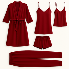 5-Piece Satin Sleepwear Set – Robe, Camisole, Shorts, Pants & Slip Dress Free Size