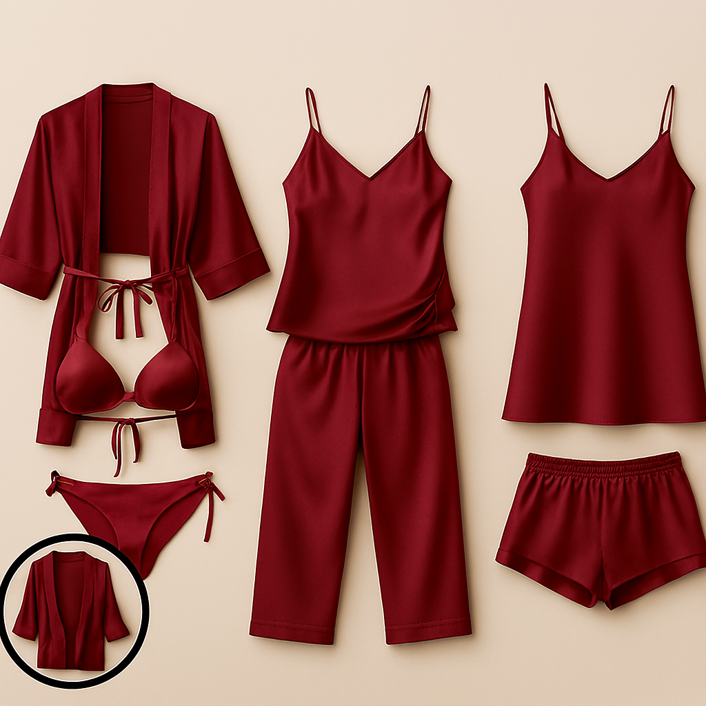 7-Piece Satin Sleepwear & Lingerie Set for Women – Luxury Nightwear Collection with Robe, Slip Dress, Free Size