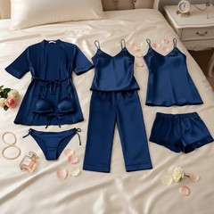 7-Piece Satin Sleepwear & Lingerie Set for Women – Luxury Nightwear Collection with Robe, Slip Dress, Free Size