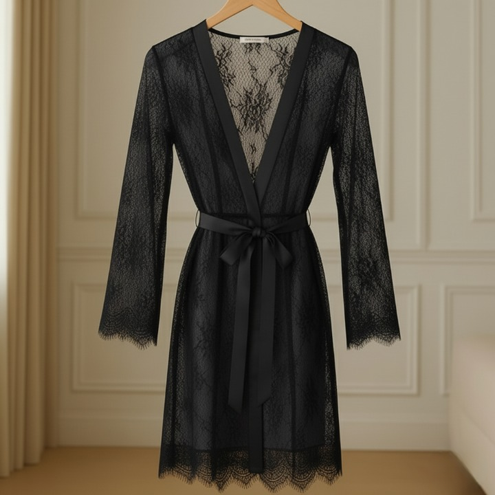 Single Pcs Women’s Net Transparent Sheer Lace Robe Gown – Long Sleeve Free-Size Nightwear With Satin Belt For Elegant And Stylish Comfort