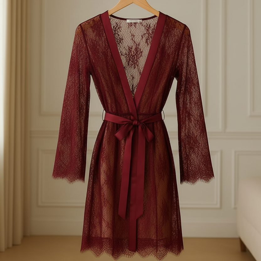 Single Pcs Women’s Net Transparent Sheer Lace Robe Gown – Long Sleeve Free-Size Nightwear With Satin Belt For Elegant And Stylish Comfort