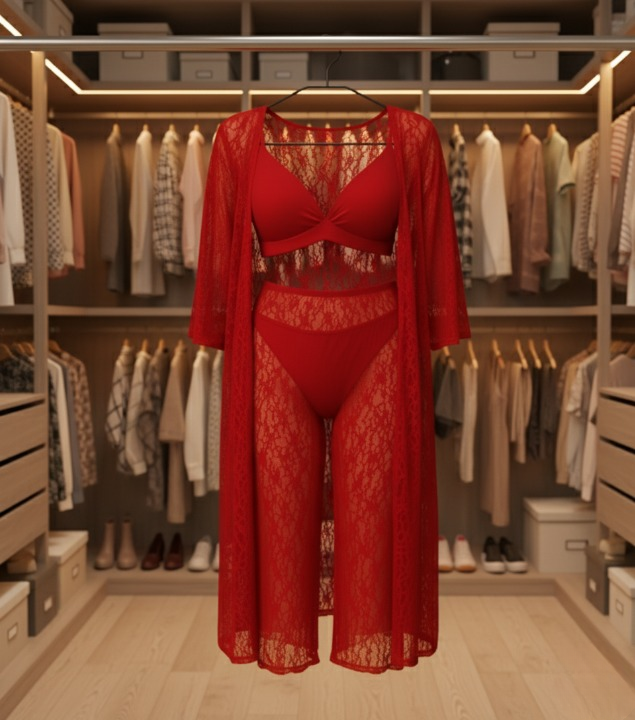 Luxurious Net Transparent Lace 4-Piece Nightwear Set – Stylish Free-Size Lounge And Sleepwear Including Gown, Bra, Panty, And Trouser