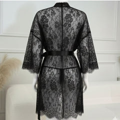 3 Piece Net Gown Set with Bra & Panty | Soft Lace Robe Lingerie | Free Size (fit upto 38 chest) | Black