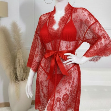 3 Piece Net Gown Set with Bra & Panty | Soft Lace Robe Lingerie | Free Size (fit upto 38 chest) | Black