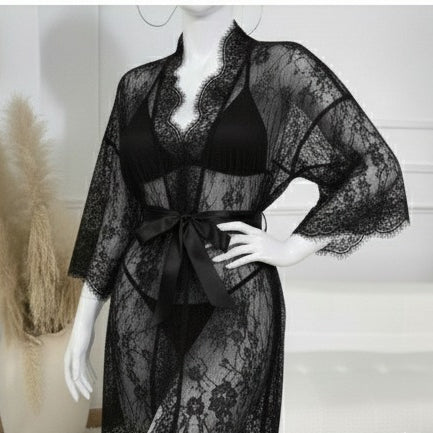 3 Piece Net Gown Set with Bra & Panty | Soft Lace Robe Lingerie | Free Size (fit upto 38 chest) | Black