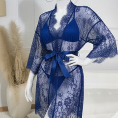 3 Piece Net Gown Set with Bra & Panty | Soft Lace Robe Lingerie | Free Size (fit upto 38 chest) | Black