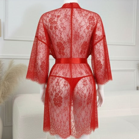 3 Piece Net Gown Set with Bra & Panty | Soft Lace Robe Lingerie | Free Size (fit upto 38 chest) | Black