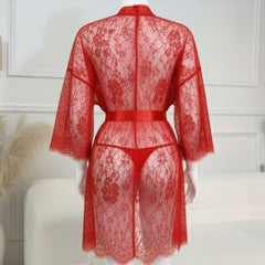 3 Piece Net Gown Set with Bra & Panty | Soft Lace Robe Lingerie | Free Size (fit upto 38 chest) | Black