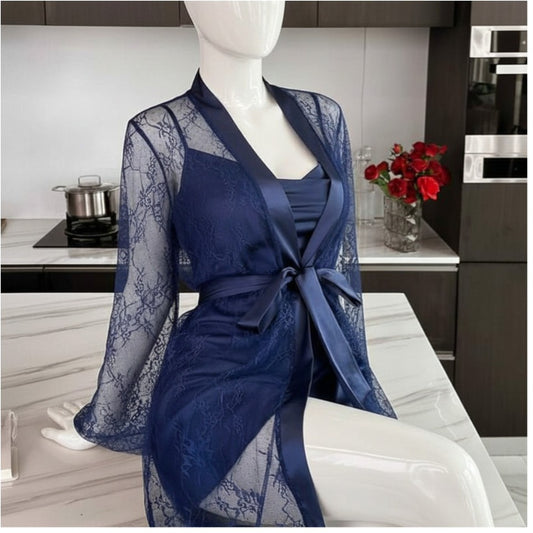 Soft Lace Robe & Silk Inner – 2 Piece Transparent Net Gown Set | Free Size (Fits Up to 38” Chest) |