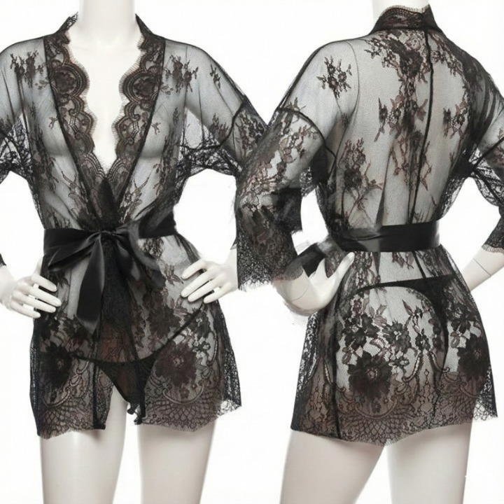 Single Pcs Women’s Net Transparent Sheer Lace Robe Gown – Long Sleeve Free-Size Nightwear With Satin Belt For Elegant And Stylish Comfort