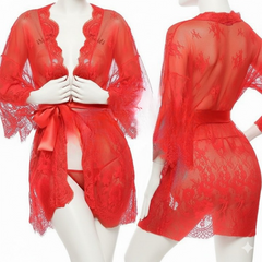 Single Pcs Women’s Net Transparent Sheer Lace Robe Gown – Long Sleeve Free-Size Nightwear With Satin Belt For Elegant And Stylish Comfort