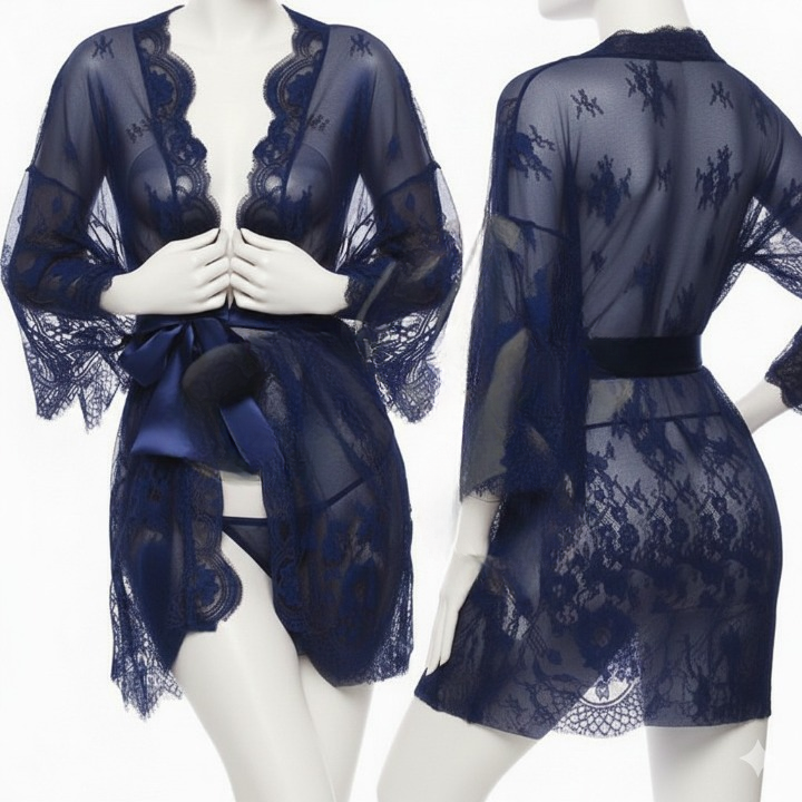 Single Pcs Women’s Net Transparent Sheer Lace Robe Gown – Long Sleeve Free-Size Nightwear With Satin Belt For Elegant And Stylish Comfort