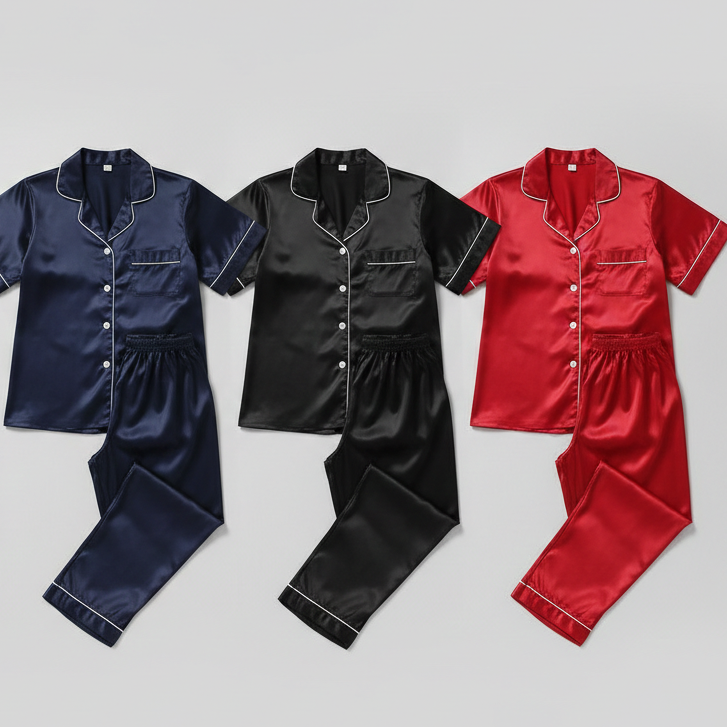 Couple Matching Pajama Set – Short Sleeve Top & Long Pants  (4Pcs)