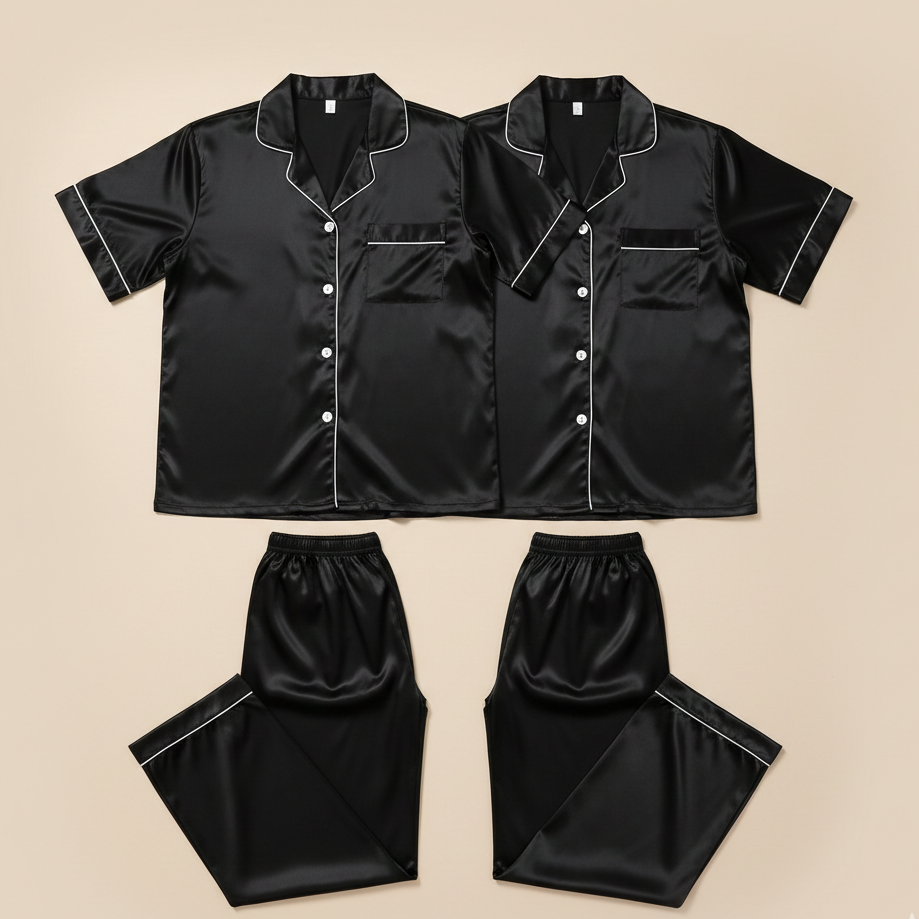 Couple Matching Pajama Set – Short Sleeve Top & Long Pants  (4Pcs)