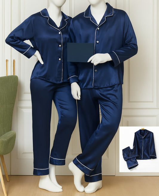 Classic Couple Night Suit Silk Satin Pajama Set – Long Sleeve Top & Full-Length Pants (4 Pcs)
