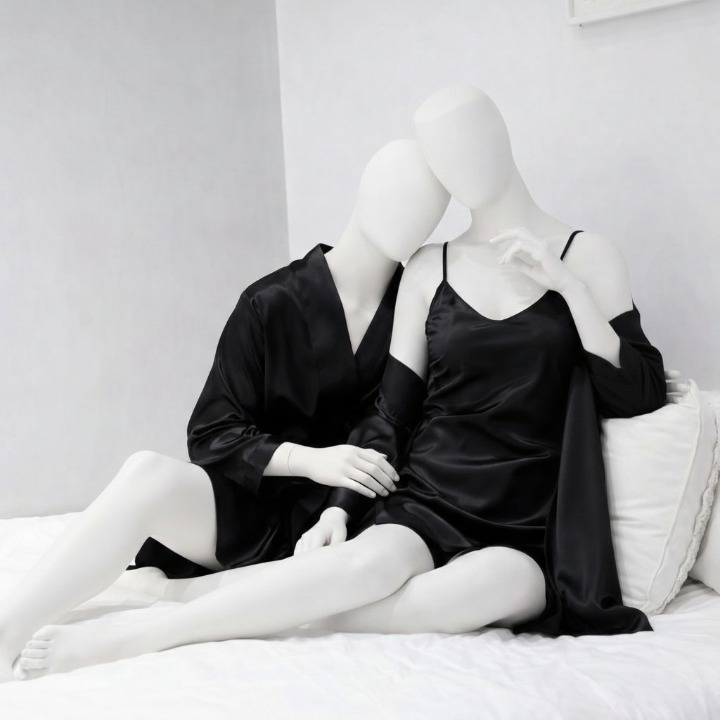 Premium Satin Silk Couple Gown Set (3 Pcs) – Elegant Matching Nightwear for Men & Women | Free Size