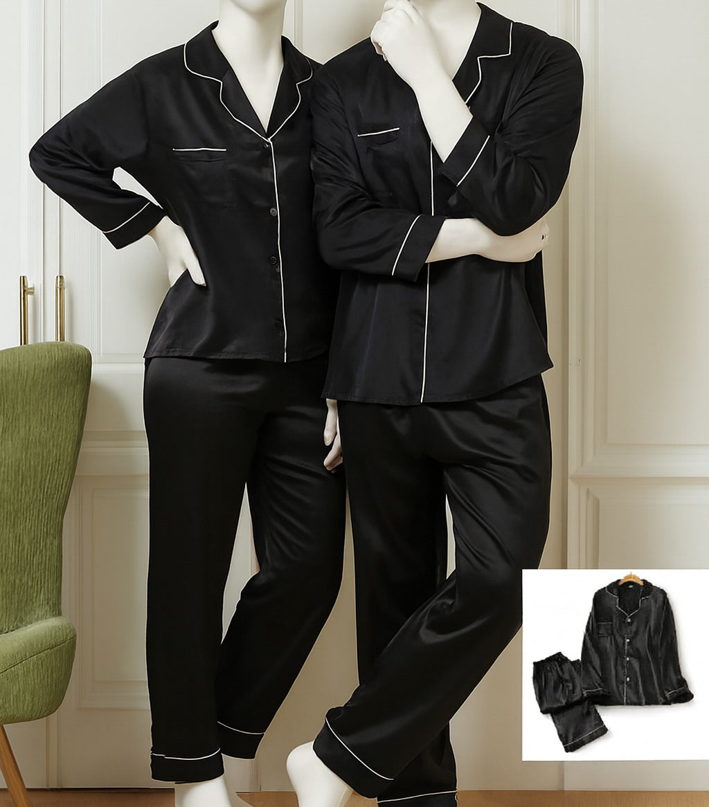 Classic Couple Night Suit Silk Satin Pajama Set – Long Sleeve Top & Full-Length Pants (4 Pcs)