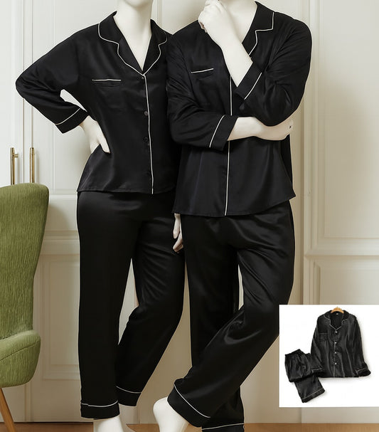 Classic Couple Night Suit Silk Satin Pajama Set – Long Sleeve Top & Full-Length Pants (4 Pcs)