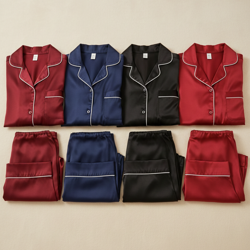 Classic Couple Night Suit Silk Satin Pajama Set – Long Sleeve Top & Full-Length Pants (4 Pcs)