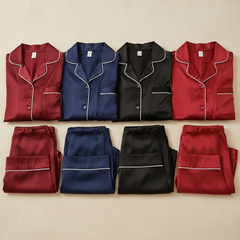 Classic Couple Night Suit Silk Satin Pajama Set – Long Sleeve Top & Full-Length Pants (4 Pcs)