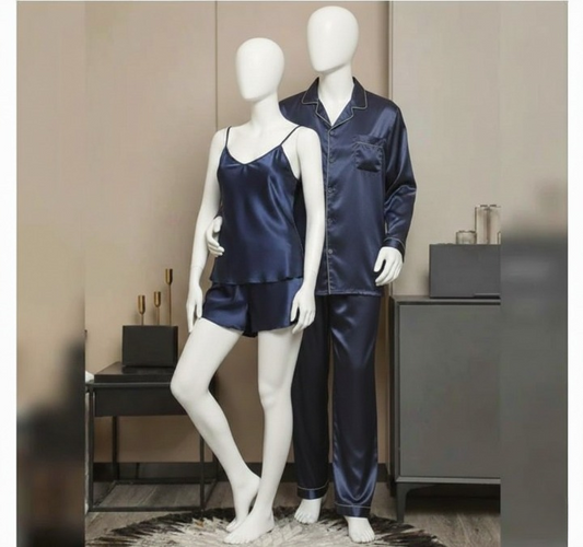 Premium Satin Silk Couple Night Suit Pajama / Short Set – Matching Luxury Nightwear for Men & Women (4 Pcs)