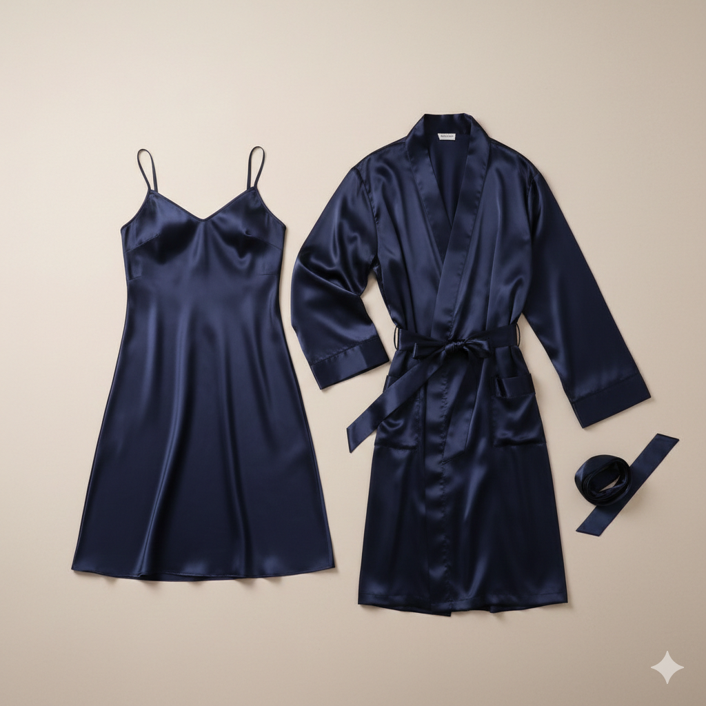 Premium Satin Silk Couple Gown Set (3 Pcs) – Elegant Matching Nightwear for Men & Women | Free Size
