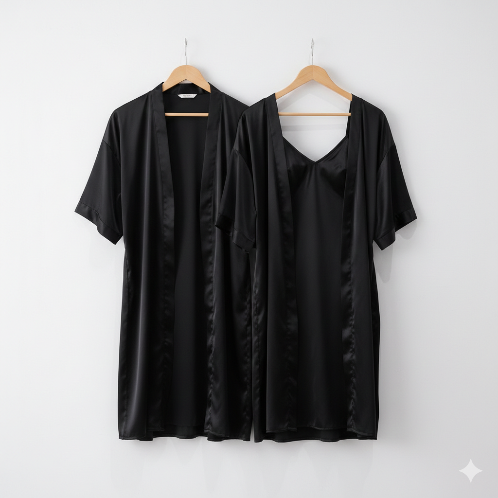 Premium Satin Silk Couple Gown Set (3 Pcs) – Elegant Matching Nightwear for Men & Women | Free Size