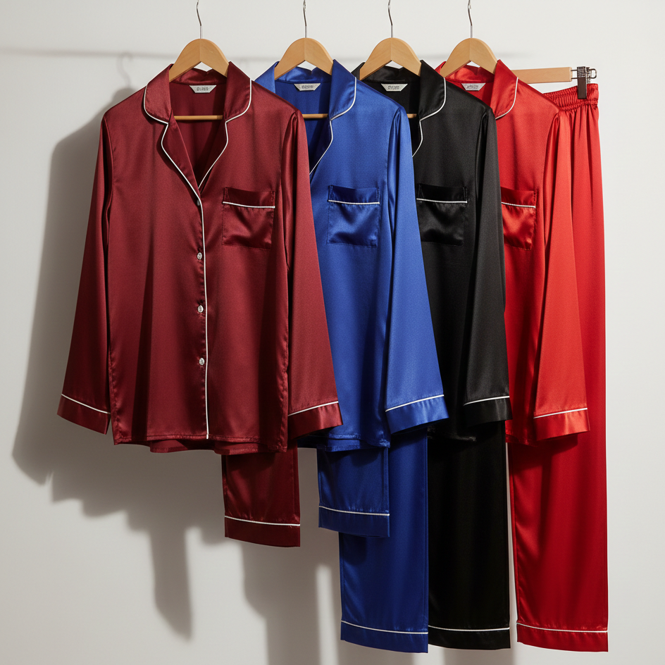 Classic Couple Night Suit Silk Satin Pajama Set – Long Sleeve Top & Full-Length Pants (4 Pcs)