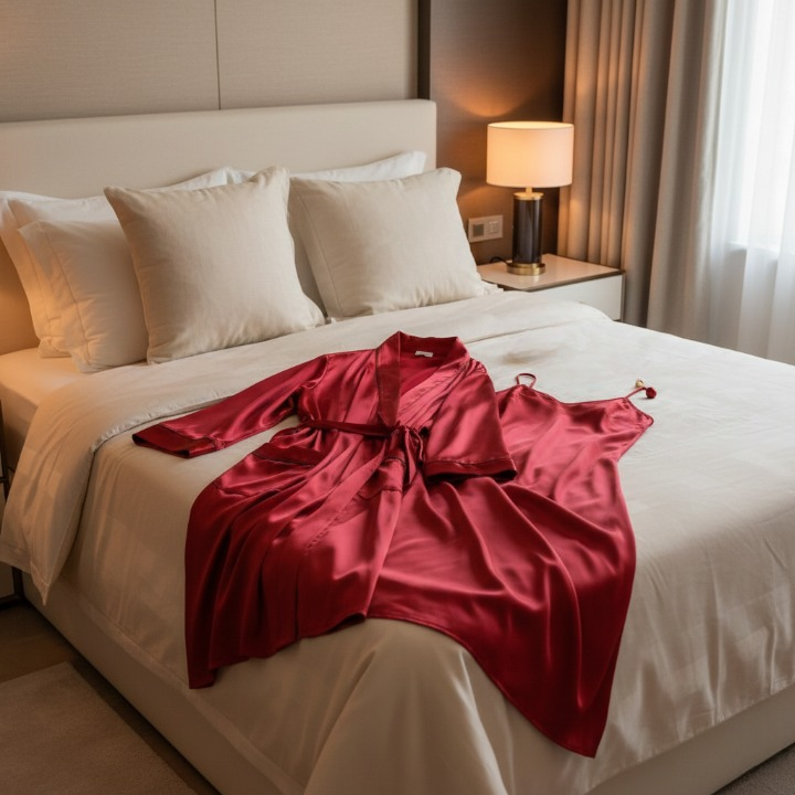 Premium Satin Silk Couple Gown Set (3 Pcs) – Elegant Matching Nightwear for Men & Women | Free Size