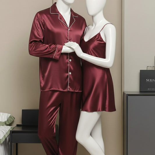 Premium Nighty Suit Satin Silk Couple Pajama Set – Luxurious Matching Night Wear for Men & Women (3 Pcs)