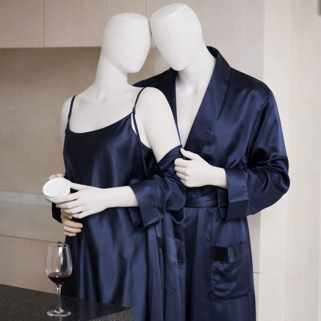 Premium Satin Silk Couple Gown Set (3 Pcs) – Elegant Matching Nightwear for Men & Women | Free Size